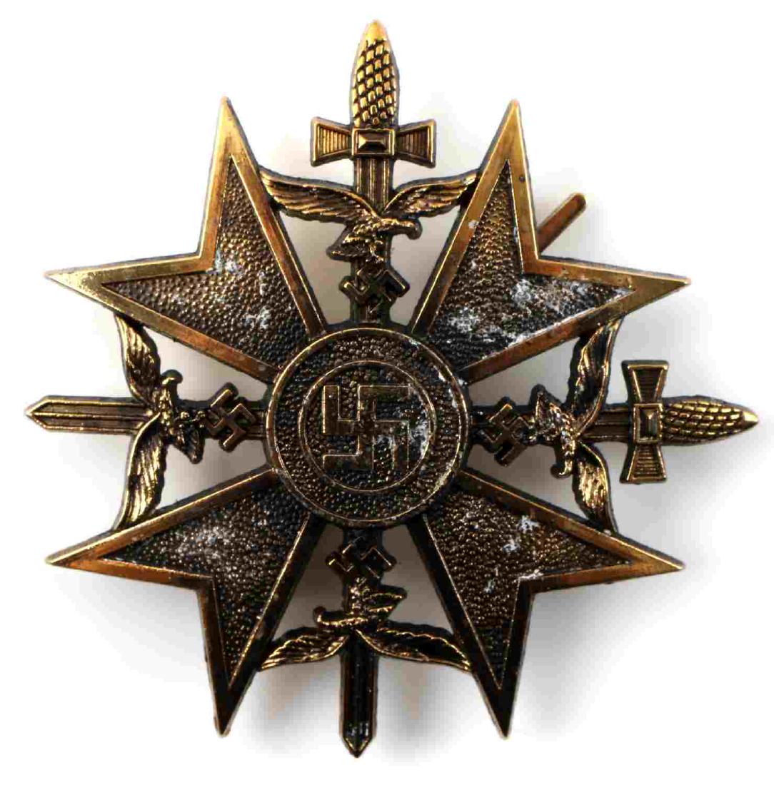 WWII GERMAN BRONZE SPANISH CROSS WITH SWORDS: Spanish cross medal. Wide vertical pin back with C-hook closure. Marked (GWL) to back center. Gold colored metal, lighter than bronze. Good condition.