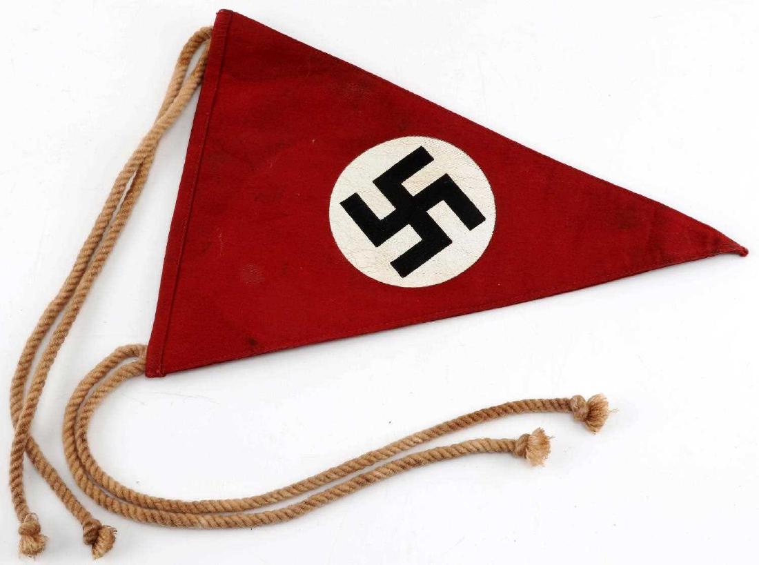 WWII GERMAN THIRD REICH NSDAP PARTY PENNANT FLAG: German NSDAP Party pennant with double sided centered swastika. Measures 12" L X 8.5" W (at base.) Sewn cotton construction. Good condition overall with some fabric wear and moderate staining present.