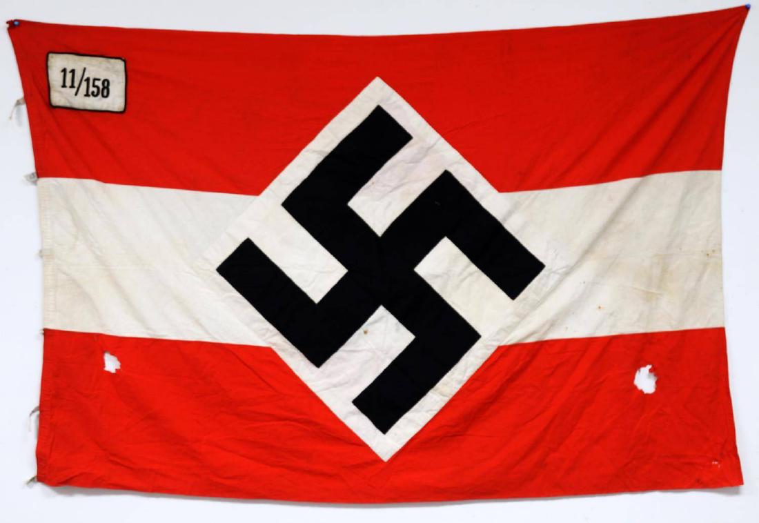 WWII GERMAN THIRD REICH HITLER YOUTH NUMBERED FLAG: Organization 11/158 upper left, some holes otherwise a well crafted multi piece flag, measures 66 by 45 inches. F94