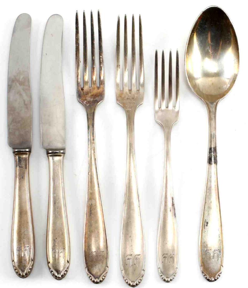 WWII GERMAN HEINRICH HIMMLER MONOGRAM SILVERWARE: This lot includes 6 pieces of silverware from the personal collection of Heinrich Himmler. Silverware has H H monograms, is hallmarked silver, and have the letter B and train symbol mark on reverse. 2