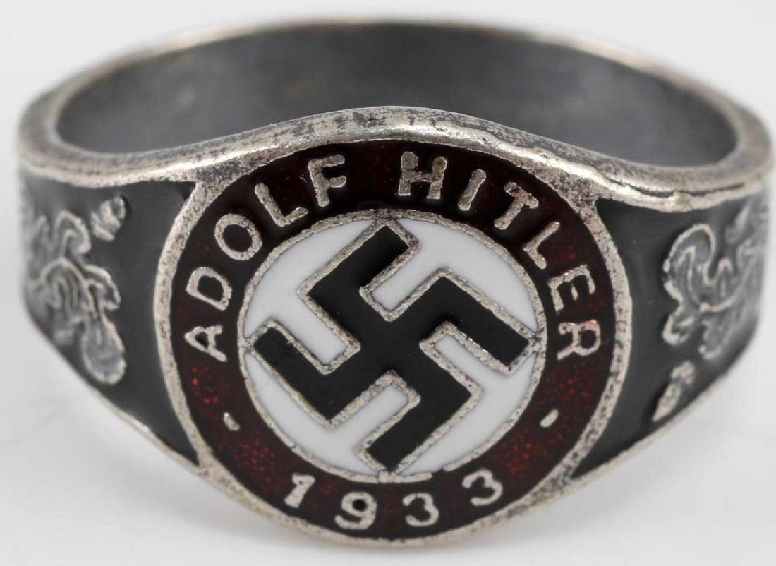 GERMAN WWII THIRD REICH ADOLPH HITLER RING: German WWII Third Reich Adolph Hitler Silver Ring. Silver marked "800" on outer band. Very good condition. Unauthenticated. Sold "As Is". This item has a reserve.