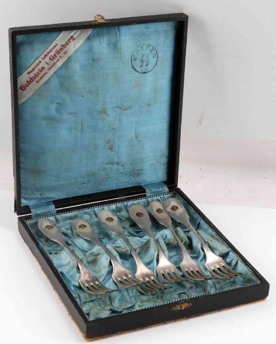 WWII GERMAN THIRD REICH WAFFEN SS CANTEEN FORK SET: Set of 6 forks from a Waffen-SS officer's canteen. Each fork has a brass SS rune symbol on the handle, while the back appears to be marked with a crowned 'WS' cypher. All are in very good condition, t
