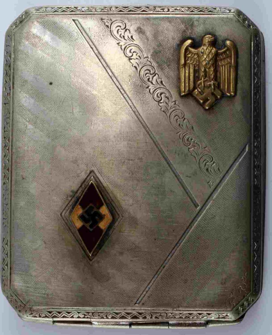 GERMAN THIRD REICH WAFFEN SS HJ DIV CIGARETTE CASE: Cigarette case with markings of the 12th SS Panzer Division "Hitlerjugend". In very good condition. Unauthenticated/Sold 'as is' This item has a reserve.