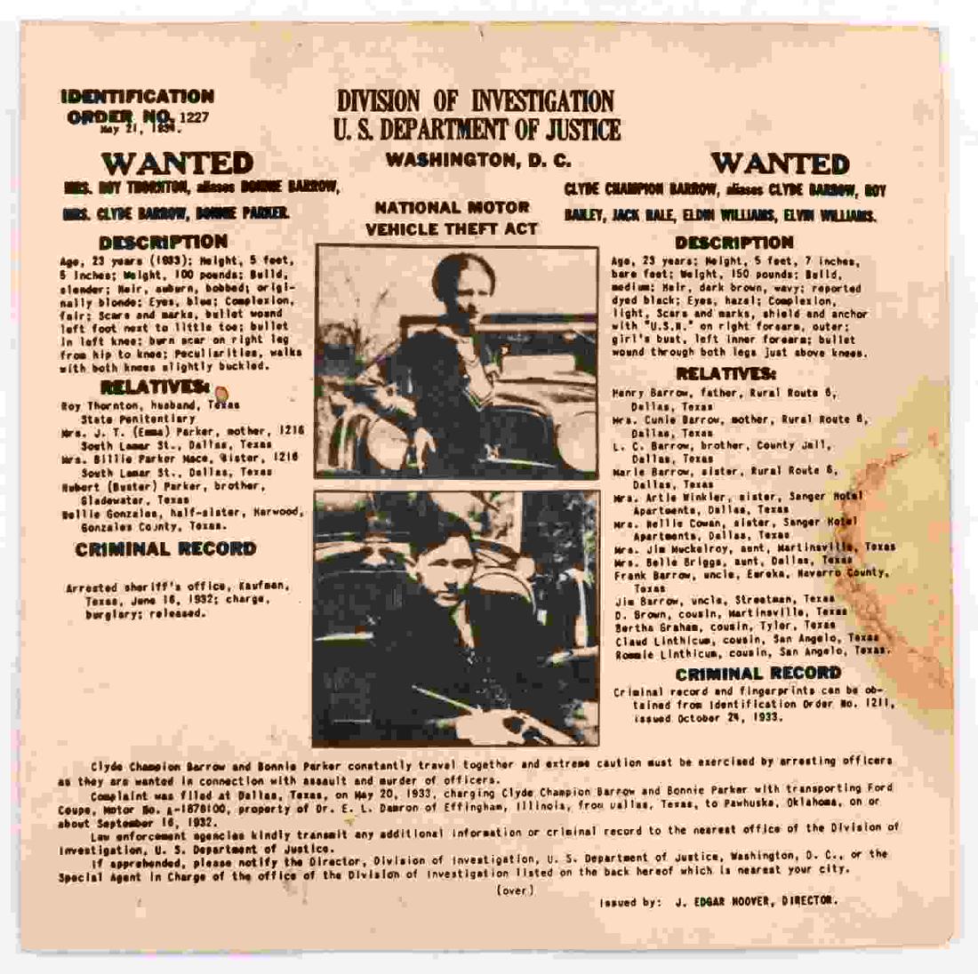 DOJ WANTED POSTER MAIL FOR BONNIE & CLYDE PAMPHLET: Division of Investigation DOJ Wanted pamphlet for Bonnie & Clyde. Issued by J. Edgar Hoover. Measures 8 inches by 8 inches. Small tear at top on fold line. Some water staining on right side. Still com
