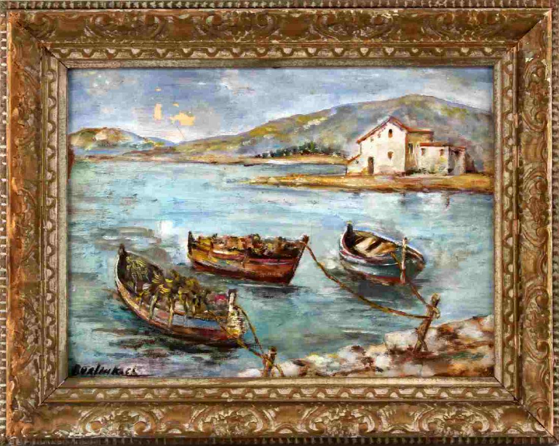 DAVID BURLIUK IMPRESSIONST SEASCAPE PAINTING: David Burliuk (Ukrainian, b.1882-1967). The Neo-Primitivist artist was known for fusing Futurist and Cubism styles with traditional Russian folk subjects. Here he painted a quaint waterscape with boat