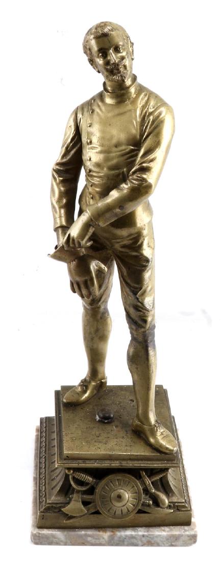 L RAPHAEL SPELTER BRONZE MARBLE SCULPTURE SOLDIER: Gilded spelter sculpture of late 18th century soldier placing glove on his right hand. Stands on plinth of bronze over marble. Signed "L. Raphael" on bronze on back. In good condition with repaired cr