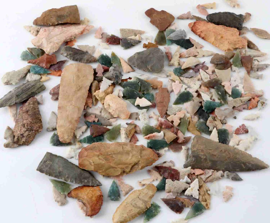 ARCHAIC NATIVE AMERICAN ARROWHEAD LOT OF OVER 110: Surface found Archaic Native American arrowheads from Central US. Lot features a great variety and includes some drills, tools, and eccentric pieces. Very good overall. Over 110 in total.