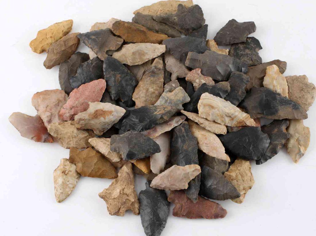 ARCHAIC NATIVE AMERICAN ARROWHEAD LOT OF 75: This lot includes 75 Archaic surface found arrowheads from central US. Features a good variety with some eccentric pieces. Very good overall.