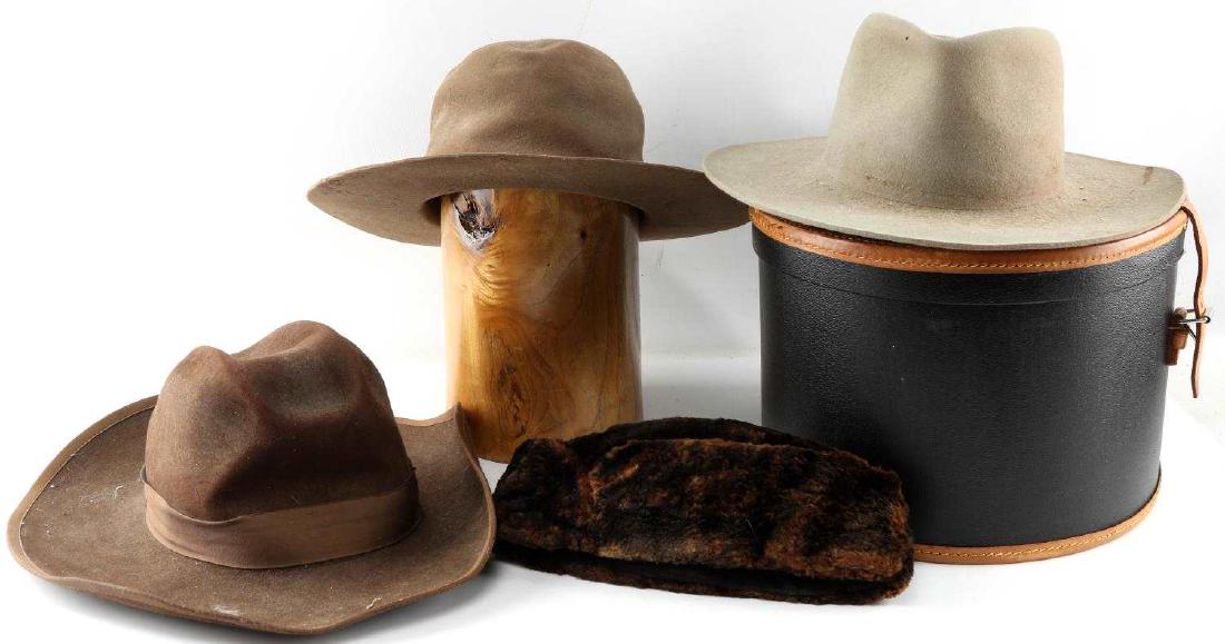 VINTAGE SEAL FUR COWBOY BOWLER HAT LOT OF 5: This lot includes 1 Alaskan genuine seal fur hat, 1 Stetson made bowler hat, and 3 vintage cowboy hats. Bowler hat comes with original case and is in great condition. Seal fur hat is likely government