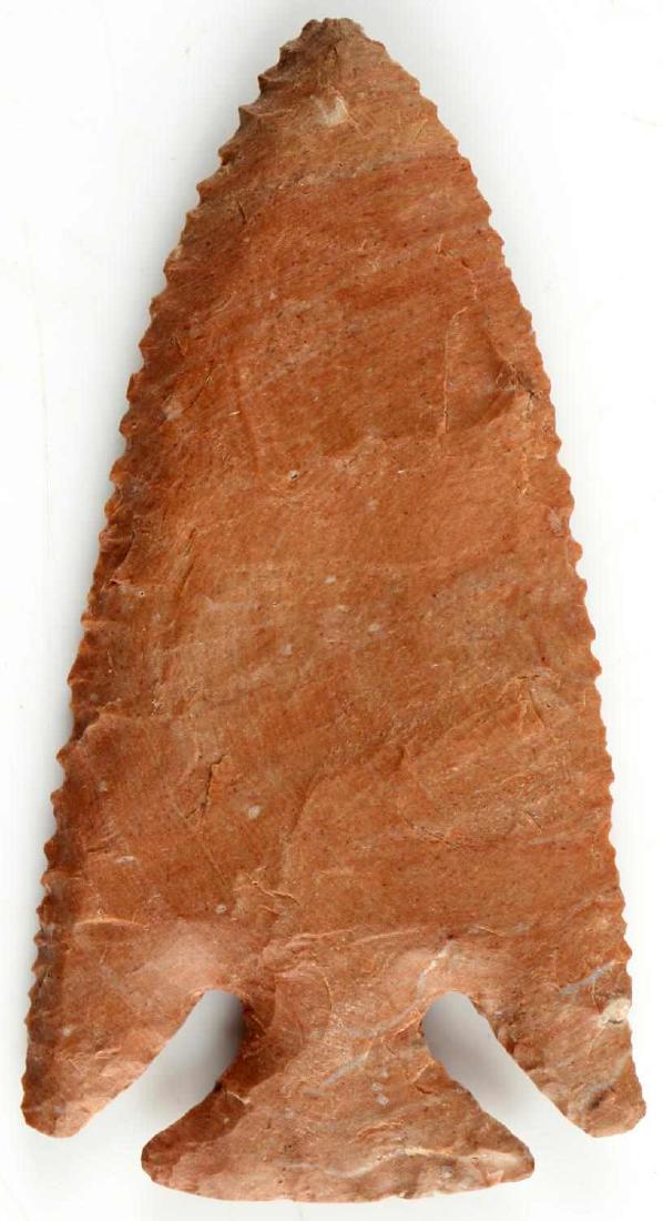 ARCHAIC CLAY 4 INCH ARROWHEAD TN. COLLECTION: Superbly crafted, broad uniform flaking, complete. From a long time Shelby County Tennessee collection spanning over 100 years, left in original storage box. deemed authentic according to X