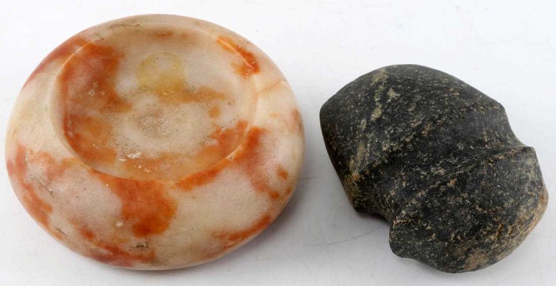 WOODLAND PERIOD STONE DISCOIDAL & GROOVED AXE: Woodland Period discoidal found in Obion County, Tennessee. Has circular indentations in the middle of each side. Measures 4.25 inches in diameter. Grooved stone axe head. Measures 4 inches by 2.75 in