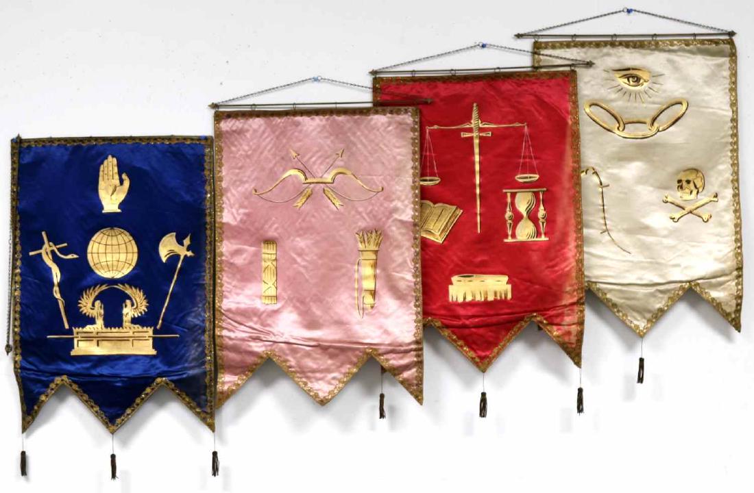 LOT OF FOUR PAINTED ANTIQUE MASONIC FLAGS: Four antique Order of Odd Fellows flags. One cream colored with gold painted symbols. One pink with gold painted symbols. One blue with gold painted symbols. Hanging bar included but has come unattach