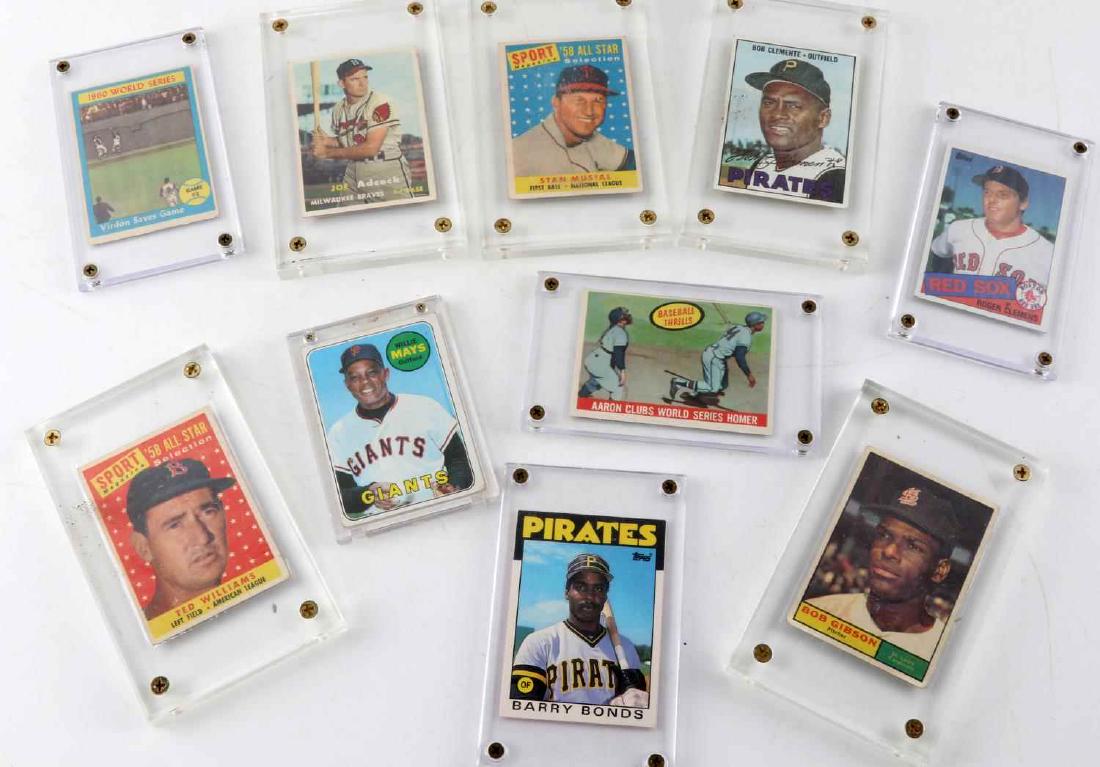 GOLDEN AGE BASEBALL CARD LOT 0F 10 AARON MAYS: Better player card lot 4 to 6 collectible grade, all are in plastic hard sleeves and a few have scratches on plastic but cards are fine includes Musial 476, Adcock 117, 1960 World Series 306, Clemons