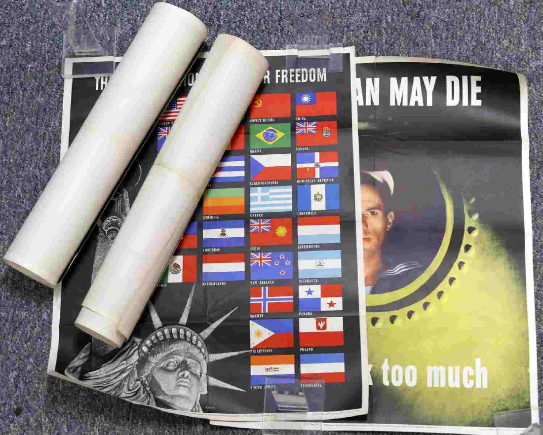 WWII UNITED NATIONS & THIS MAN MAY DIE POSTER LOT: Lot includes 2 1943 US Government Print "This Man May Die If You Talk Too Much" posters and 3 1942 US Government Print "The United Nations Fight For Freedom" posters. Good condition overall with minor