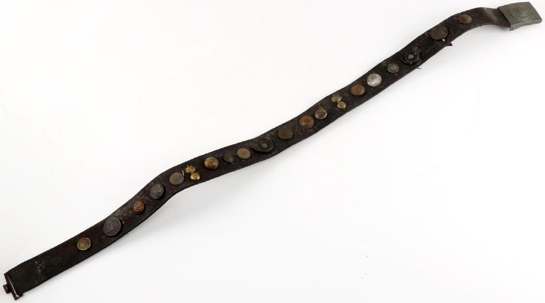 WWI GERMAN HATE BELT WITH PRUSSIAN BELT BUCKLE: WWI Trench Warfare German Hate Belt with Prussian Gott Mit Uns marking on the wreath around the crown insignia. The belt bears many buttons and other battlefield additions, the belt is intact and meas