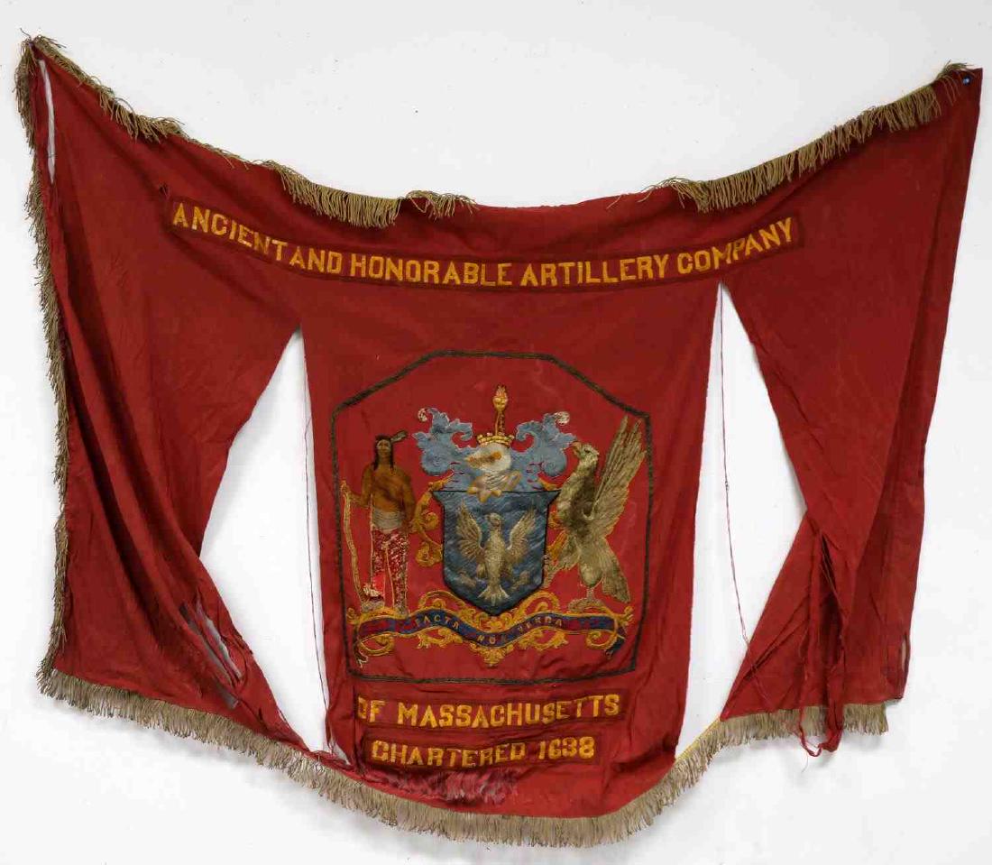 ANCIENT & HONORABLE ARTILLERY CO. OF MASS. FLAG: Chartered in 1638. Indian and red star to shield at center with 'Ense Petit Placidam SVB Libertate Qvietem' framing shield on one side. The other side has an Indian with eagle and shield as well. Meas
