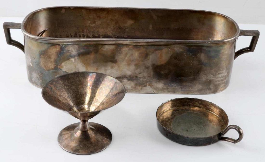 WWII GERMAN HOTEL SILVER PLATE DISH LOT OF 3: This lot features 3 German WWII Der Deutsche Hof hotel silver plate dishes including 1 large industrial strainer, 1 small pot, and 1 candy bowl. Bowl is marked Arikrupp Bernorf and has Reichsadler/swa