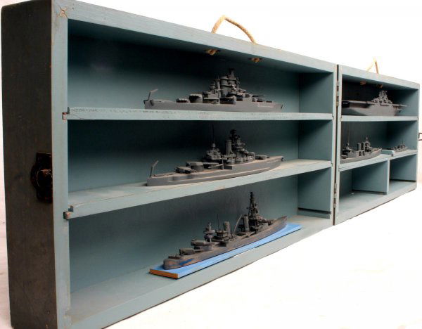 WWII USN SALEM ID MODEL TEACHER BOX SHIP MODELS: US Navy 56 1/2" X 8 1/4" X 13 1/2" (opened box) spotter ID recognition model teacher box. 1:500 scale. Box is stamped US Navy US Teacher Ship Models - Mark I Box No. 1. Original tag "Made by the South