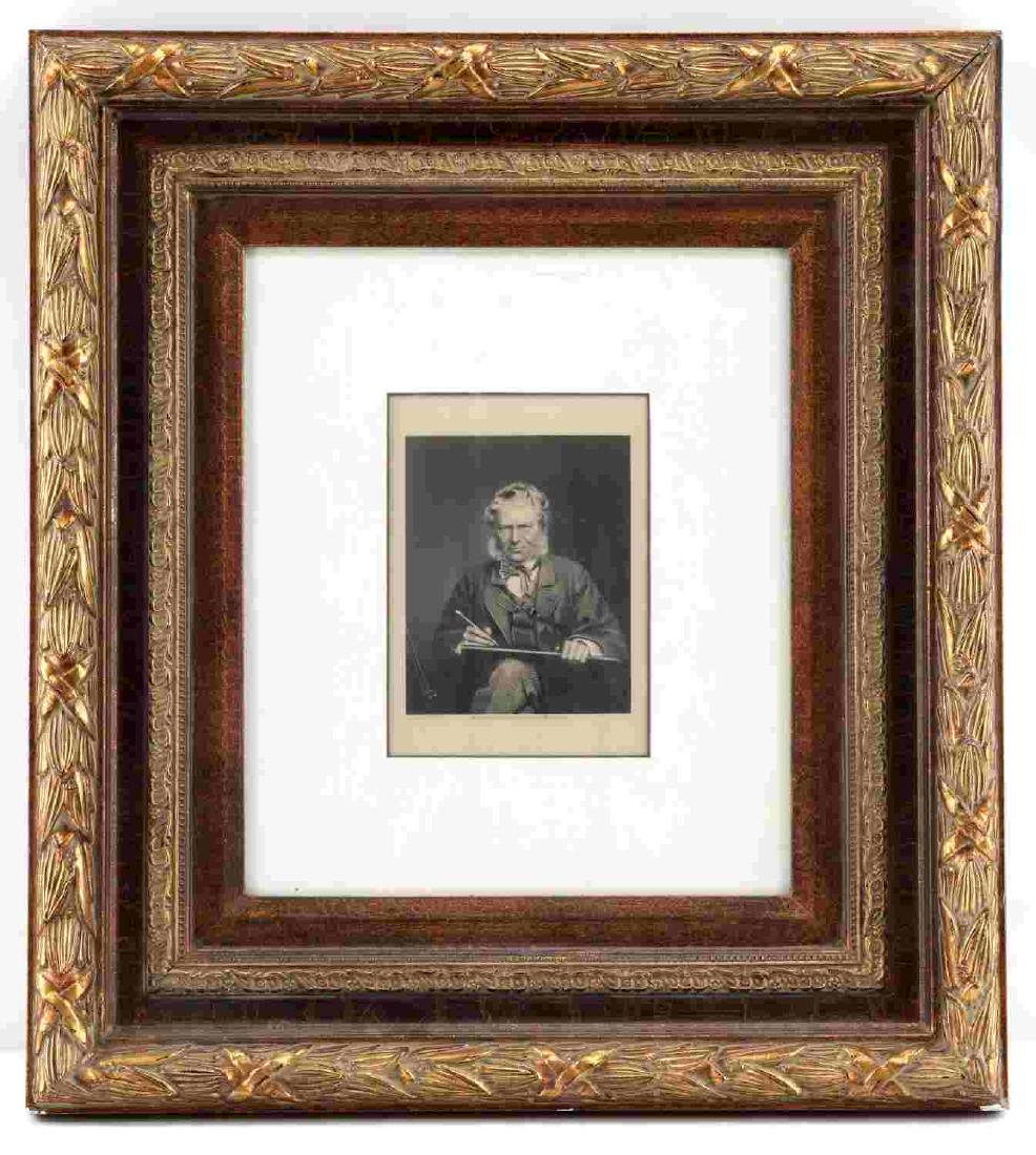 SIR EDWIN HENRY LANDSEER PORTRAIT ENGRAVING: Engraving from photograph by Watkins in gold ornate frame. Portrait of English artist Sir Edwin Henry Landseer. Sir Edwin Henry Landseer was best known for his animal paintings and lion sculptures in