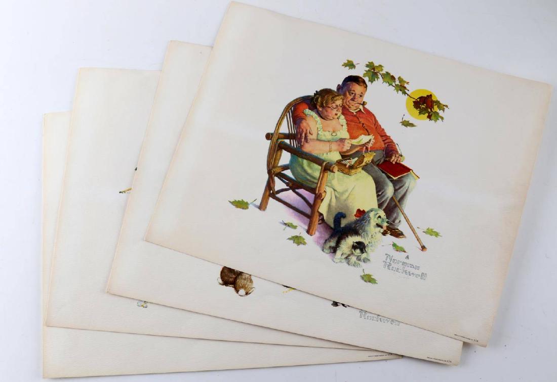 NORMAN ROCKWELL USA PRINT SERIES UNFRAMED: Set of four Norman Rockwell prints. One with young boy and girl surrounded by animals. One with man, woman and dog. One with elderly couple at a fireplace. One with couple sitting on a bench with a do