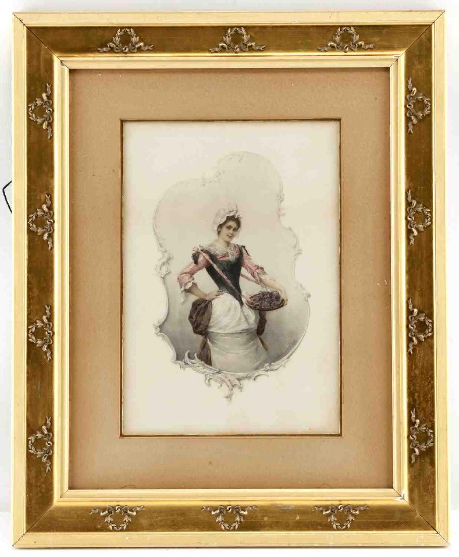 HEINRICH LEFLER COLORED & FRAMED LITHOGRAPH: Framed colored lithograph by Heinrich Lefler of woman holding basket of woman holding a basket full of lavender. Measures 14 inches by 9.75 inches sight and 24 inches by 19.5 inches framed. Frame has