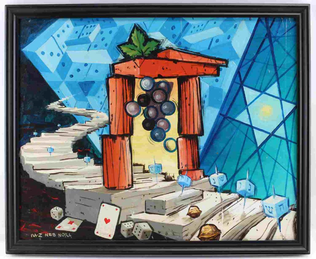 OIL ON CANVAS PAINTING OF VARIOUS GAMBLING VICES: Oil on canvas painting of various vices, mostly gambling. Includes dreidels, cockers, cards, dice and a bunch of grapes. Signed bottom left "IWZ NEB NORA" Measures 29.5 inches by 23.5 inches, sight. 3