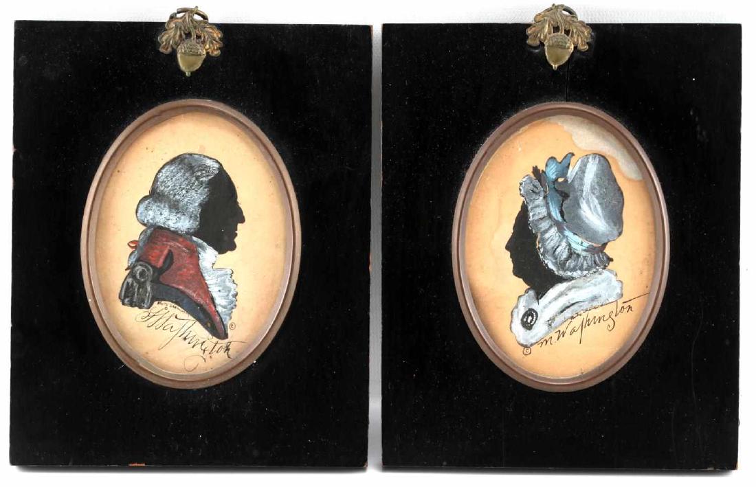 BEATRIX SHERMAN SMALL WASHINGTON SILHOUETTES: Two small Beatrix Sherman silhouettes of George and Martha Washington. Both are paper cut and placed on neutral background and then hand colored. Signed by Beatrix Sherman and titled "Washington" and