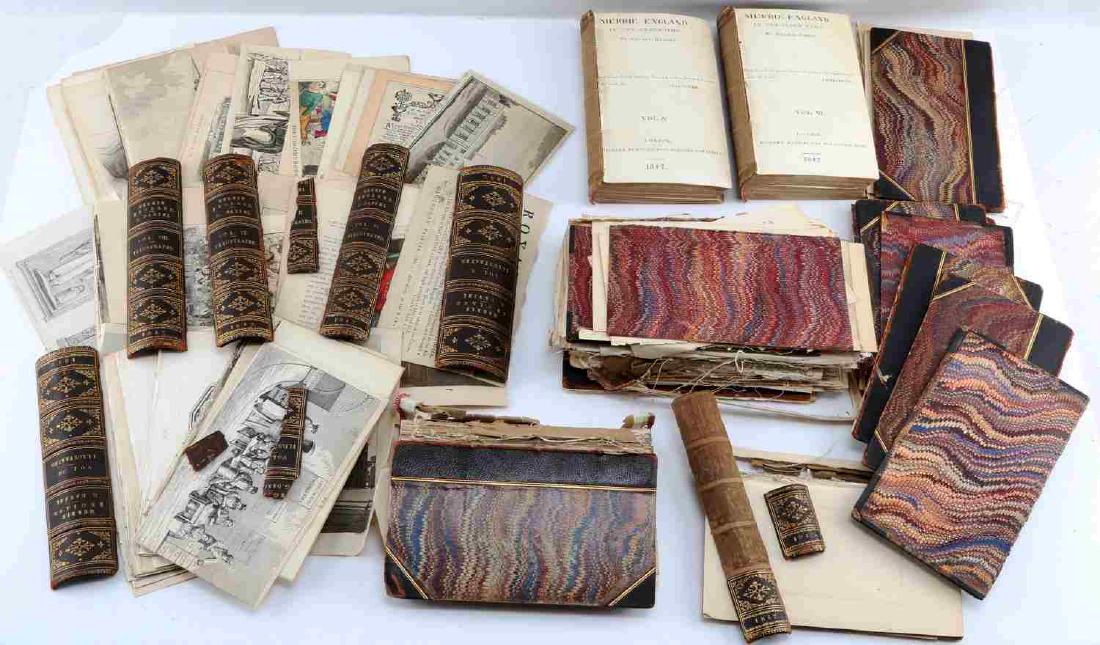 MOSTLY DISASSEMBLED VOLUMES OF MERRIE ENGLAND: Multiple volumes of Merrie England in the Olden Time. Mostly damaged or disassembled. Volumes are composed of 18th century British etchings. Most pages are in good condition. Illustrations were done b