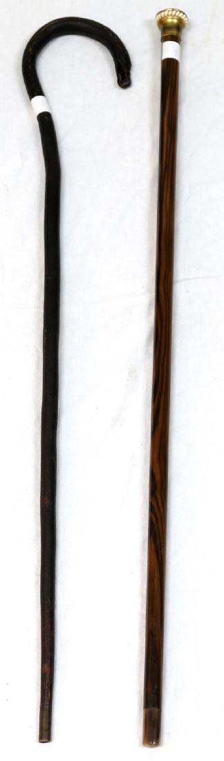 VINTAGE CANE WALKING STICK LOT OF 2: This lot features 2 vintage canes. 1 cane has a brass ferrule tip and a carved bird handle. The other cane has brass and dentin handle and a horn ferrule tip. Good condition overall with some imperfec