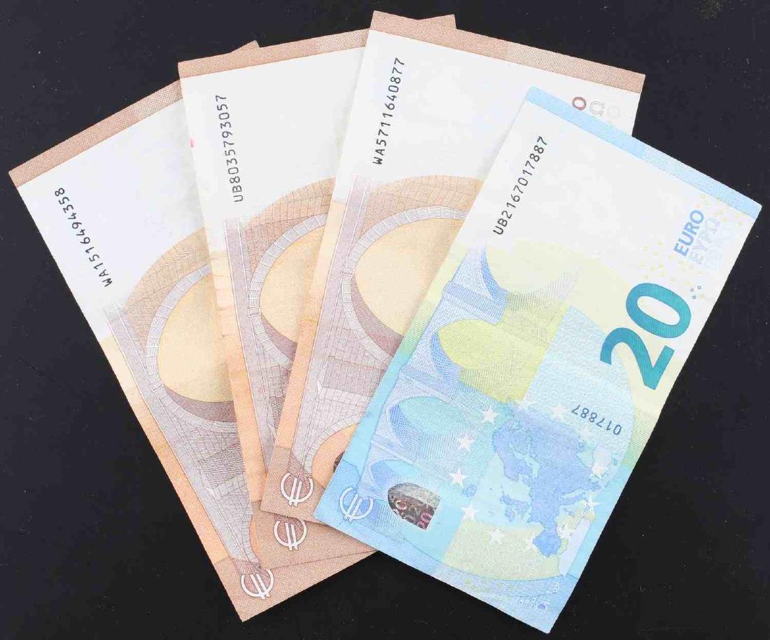 CURRENT ISSUED EURO BILLS THREE 50 & ONE 20: Current issued Euro bills. Includes; 150 Euro of 50 Euro bills and 20 Euro in one bill.