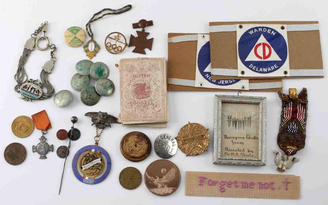 LOT OF ANTIQUE PINS MEDALS BUTTONS QUILLS & CARDS: Large grouping of mixed antique items including but not limited to: native American beaded charm, Green river whiskey token, Very old antique cards, Frame porquipine quills, Olympic Pins, Steamer brac