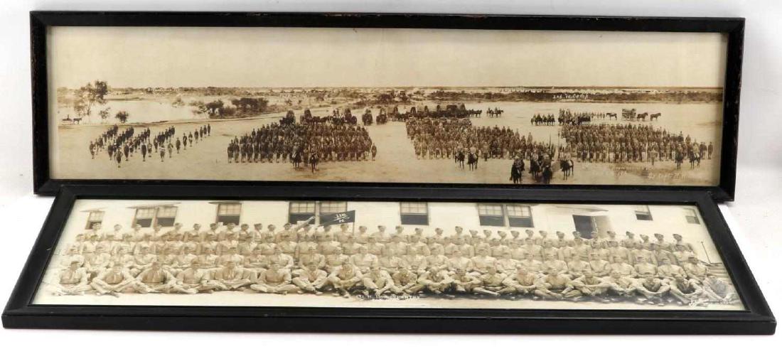 TWO AMERICAN WWI & WWII YARD LONGS INFANTRY PHOTOS: One WWI yard long. Picture is labeled bottom right "2nd Va. Reg. Brownsville, Tex. Oct. 8th, 1918. By Capt. H. H. Hunt." Framed in black wood frame. 33.75 inches by 8 inches sight and 34.75 inches by 