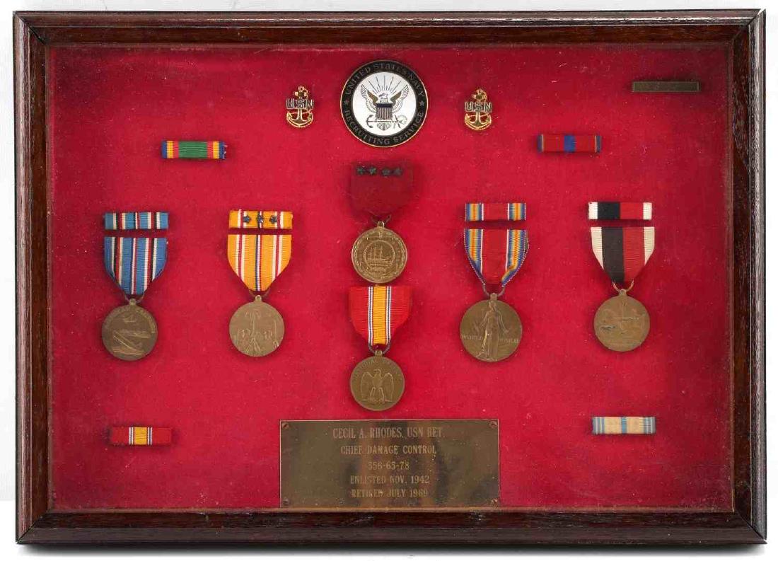 WWII US NAVY SHADOW BOX W MEDALS RIBBONS INSIGNIA