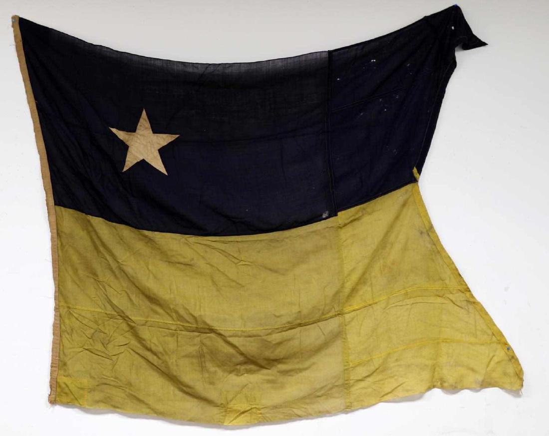 1910 US NAVY NEW YORK BI COLOR LANDING FLAG: 1910 US Navy Reserves New York bicolor blue and yellow flag with single white star. Marked "Comm. Navy Reserves. New York Navy Yard" on hoist. Good condition for its age with some fabric wear, moderat