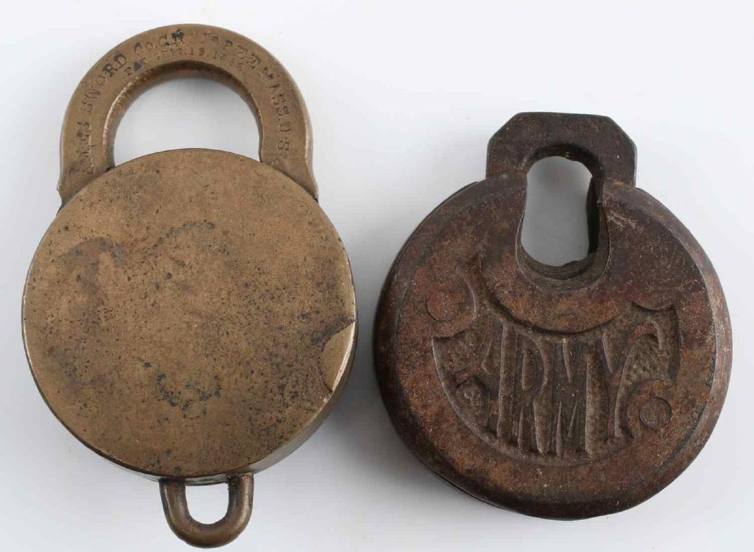 CIVIL WAR & INDIAN WARS US ARMY PADLOCK LOT OF 2: This lot includes 1 cast iron Civil War US Army padlock and 1 1882 brass Army padlock by Ames Sword Co. Very good overall. Missing keys.