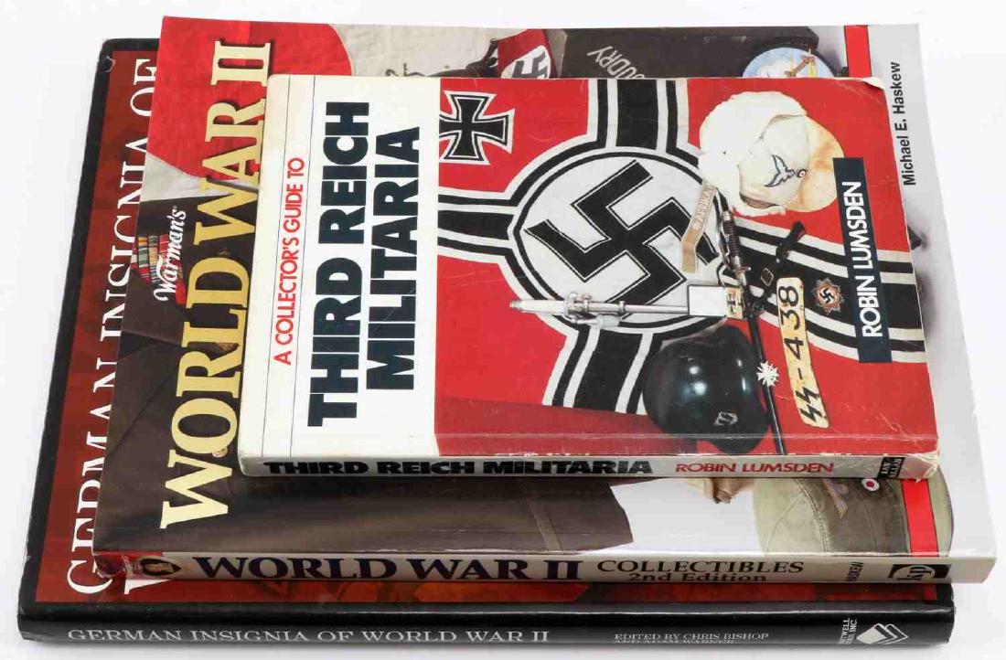 LOT OF 3 WWII MILITARY BOOKS GERMAN INSIGNIA GUIDE: Books include: A Collector's Guide to Third Reich Militaria by Robin Lumsden, Warman's WWII Collectibles 2nd Edition by Michael E. Haskew and German Insignia of WWII, edited by Chris Bishop and Adam W