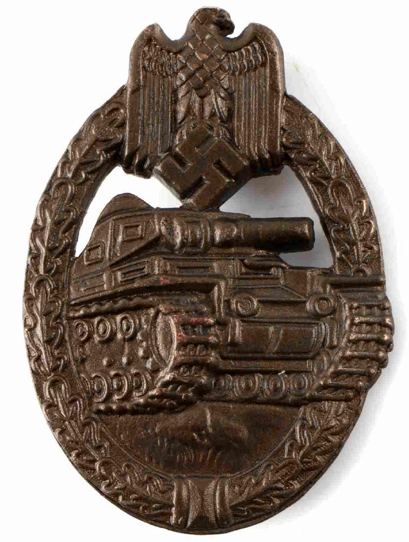 WWII GERMAN 3RD REICH PANZER ASSAULT BADGE BRONZE: Panzer Assault Badge in bronze solid zinc. Marked 'JFS' on back. In very good condition.