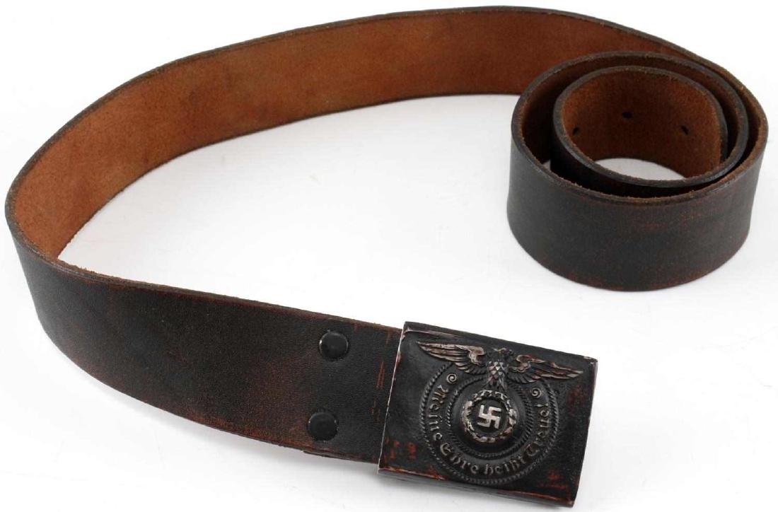 WWII GERMAN THIRD REICH WAFFEN SS BELT & BUCKLE: German SS belt & buckle. Reichsadler over swastika/wreath over the SS motto "Meine Ehre heisst Treue!" Aluminum construction buckle with 40" leather belt. Buckle has odd screw attached to reverse. Una