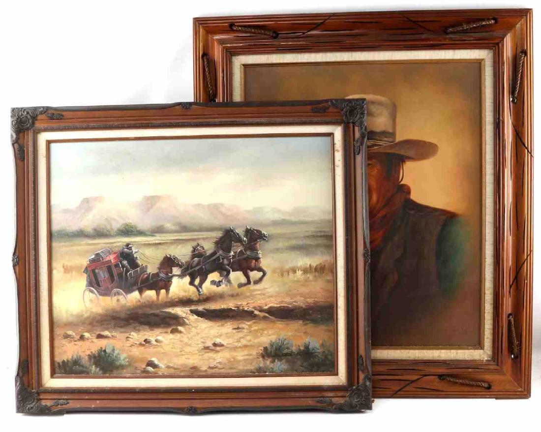 OIL ON CANVAS STAGECOACH & JOHN WAYNE PAINTINGS: Oil on canvas painting of stage coach driving through landscape. Signed "Solenson" at bottom right. Measures 22.25 inches by 19 inches sight and 29.5 inches by 25.25 inches framed. Oil on canvas portr