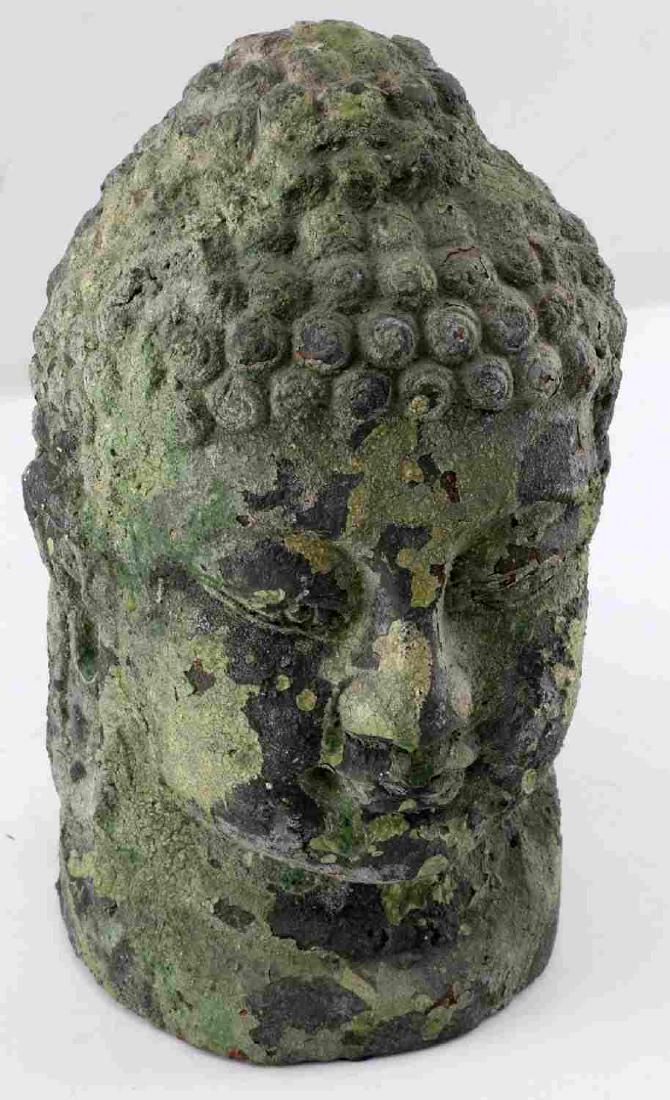 ANTIQUE POTTERY CLAY BUDDHA GARDEN BUST STATUE: Antique clay garden Buddha bust. Discolored from age and exposure but in good condition overall. Measures 10" tall X 5.75" wide.