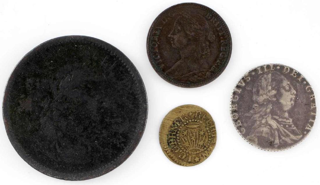 1787 SILVER SIX PENCE 1600'S TOKEN 1891 FARTHING: VF Or better 1787 George III six pence, 1891 VF Victorian Farthing, and I.C. Gerner English 17th century brass token, and George III copper penny G.