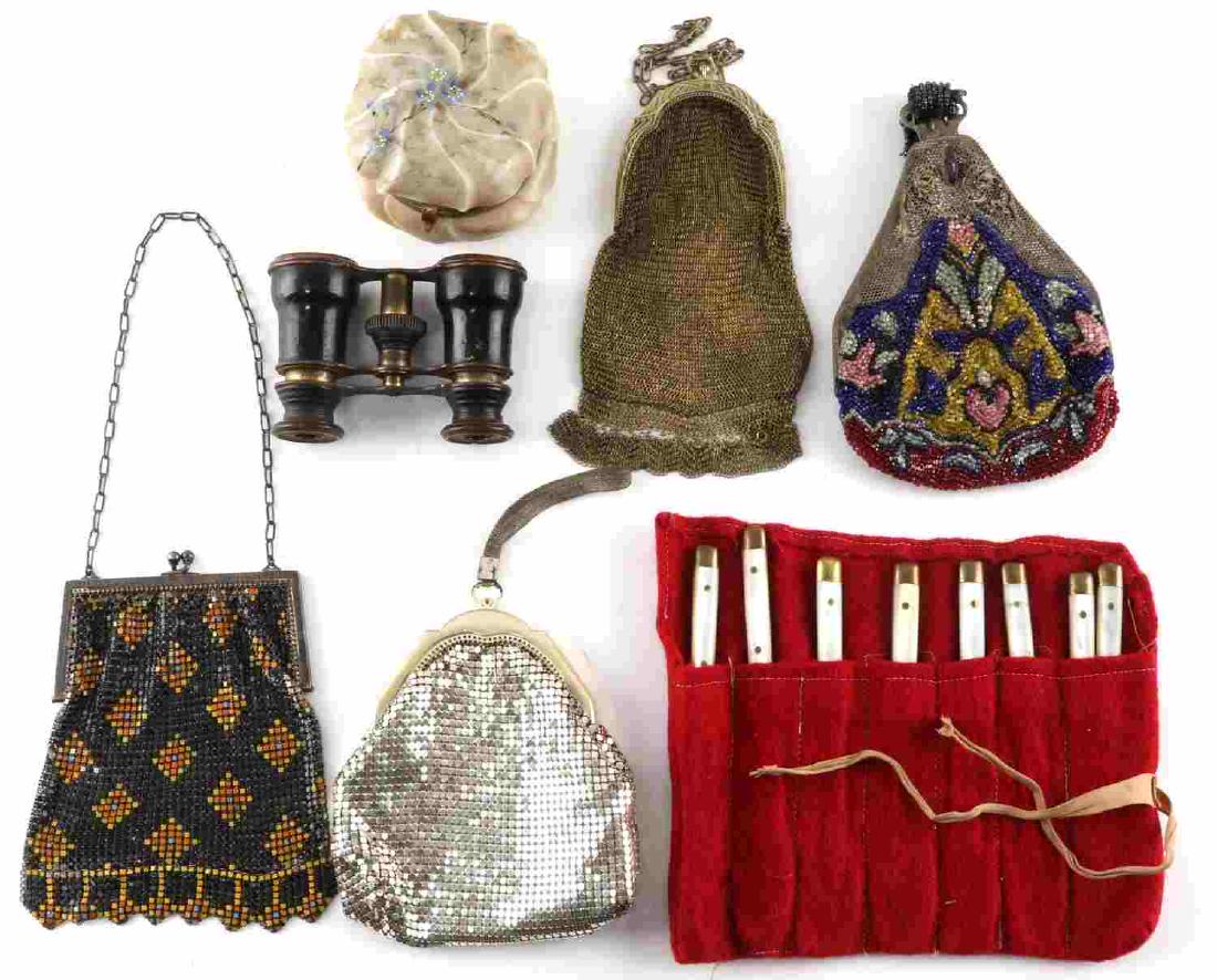 VINTAGE PURSES OPERA GLASSES TRINKET BOX KNIVES: Lot of four vintage metal mesh purses. One gold tone with blue bead clasp and chain handle. Measures 7 inches. One black with orange and yellow decorative pattern with chain handle. Measures 5.5 inche