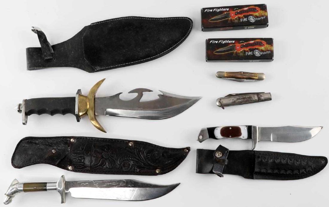 LOT OF 7 THREE SHEATHED BOWIE & 4 POCKET KNIVES: Grouping of 5 knives including : Three Sheathed Bowie knives one of which is marked Mexico on sheath & blade, shorter knife with resin handle, larger bowie style knife brass crossguard, pair of fire-f