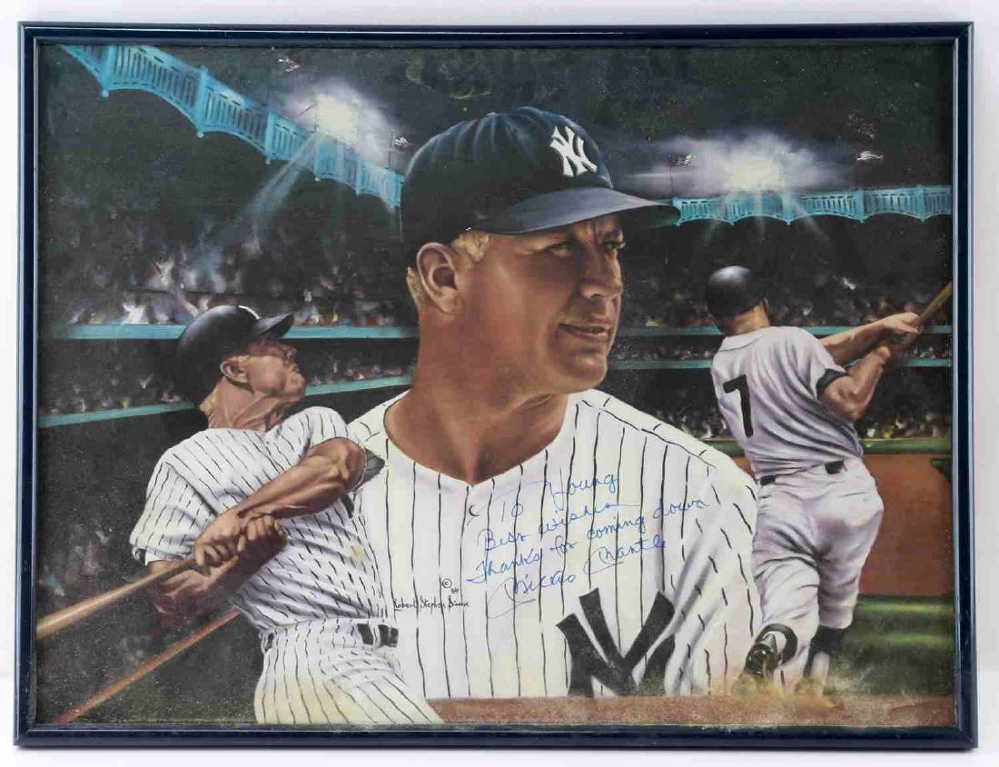 MICKEY MANTLE SIGNED & PERSONALIZED POSTER: Poster of Mickey Mantle playing baseball. Artwork by Robert Stephen Simon copyright 86. Personalized and signed "To young Best Wishes Thanks for coming down Mickey Mantle" Measures 25 inches by 18.5 i