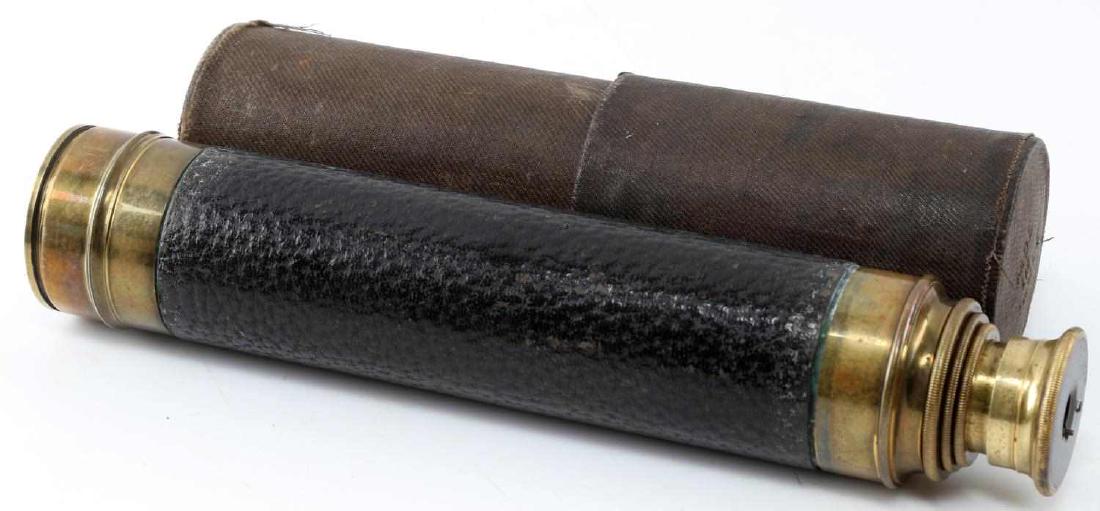 CIVIL WAR ERA BRASS & LEATHER POCKET TELESCOPE: Civil War Pocket Telescope. 3 pull, 4 section brass and leather construction with cloth lined case. Measures 8.25" closed and 23.5" open. Case is marked "Made In France" on its lid. Very good overall.