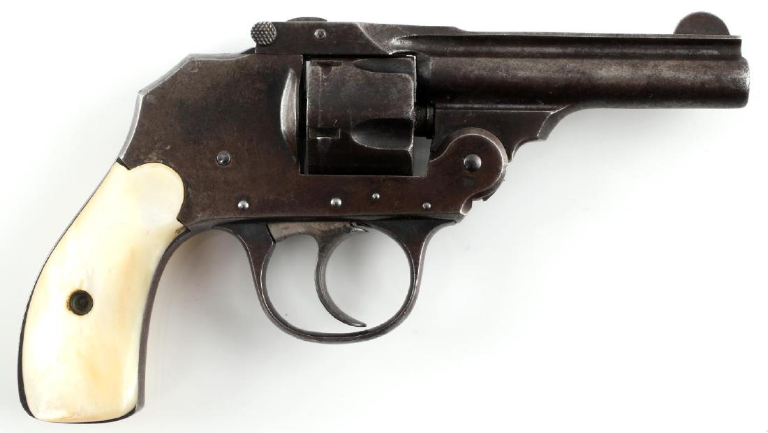 IVER JOHNSON TOP BREAK 5 SHOT REVOLVER PEARL GRIPS: Scattered patina but smooth to touch, maker marked to top rib, 3 inch barrel with dark pitted bore, mother of pearl grips, serial no. to trigger guard and patent dates to butt with Sept. 6 04 being th