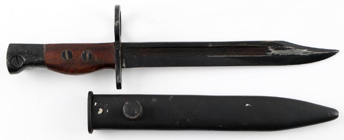 WWII FINISH M 1939 MOSIN NAGANT BAYONET: Finish knife bayonet used with the 7.62 mm. M1939 Mosin-Nagant rifle. This version is completely unmarked either on scabbard or ricasso. Good condition overall with some signs of abrasions present on 