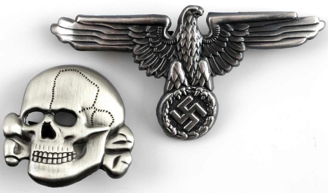 THIRD REICH GERMAN SS EAGLE SKULL TOTENKOPF PINS: Two pins: one skull (RZM M1/52) and one eagle. Very good condition. Reproduction.