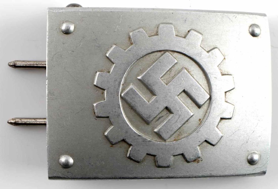 WWII GERMAN THIRD REICH DAF LABOR BELT BUCKLE: German DAF EM belt buckle. Steel and aluminum construction, engraved and embossed "RZM M4/24" on reverse. (The engraved version is just under the embossed) Very good overall with some signs of abrasio