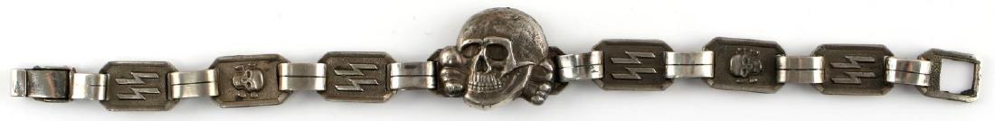 WWII GERMAN THIRD REICH WAFFEN SS BRACELET: German SS bracelet with alternating totenkopf and double S sig rune links and larger totenkopf center. Several hallmarks present on reverse with the number "41". Measures 9.25" in length. Very good co